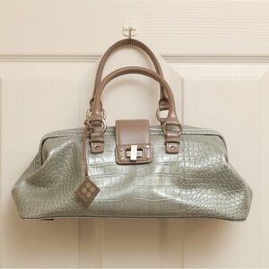 Vintage BCBGirls Y2K Silver Crocodile Embossed Leather Satchel Brown Pink Trim